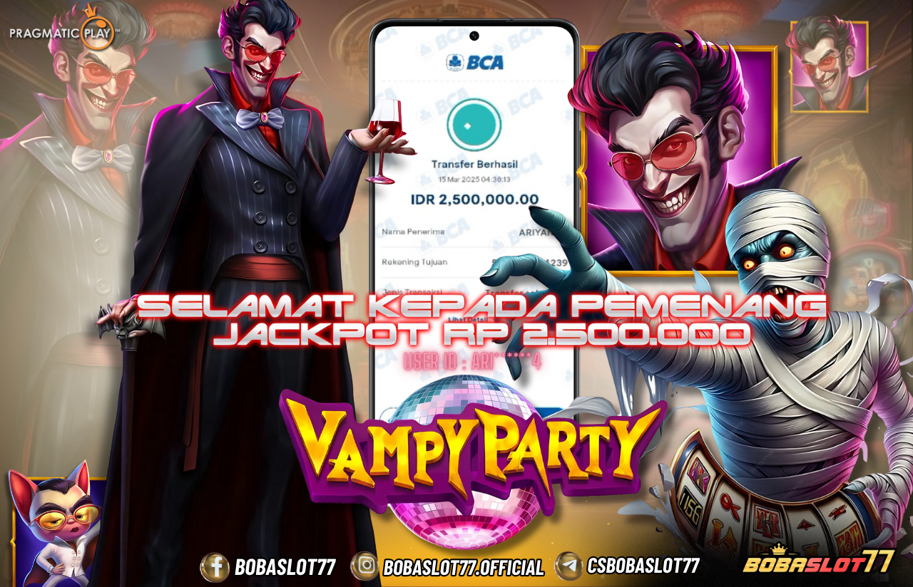 Selamat kepada id : ari****4  Wede Rp 2.500.000 di Game VAMPY PARTY PRACMATIC PLAY  Cair Gk Sampe 1 Menit! Menang Mudah di Bobaslot77