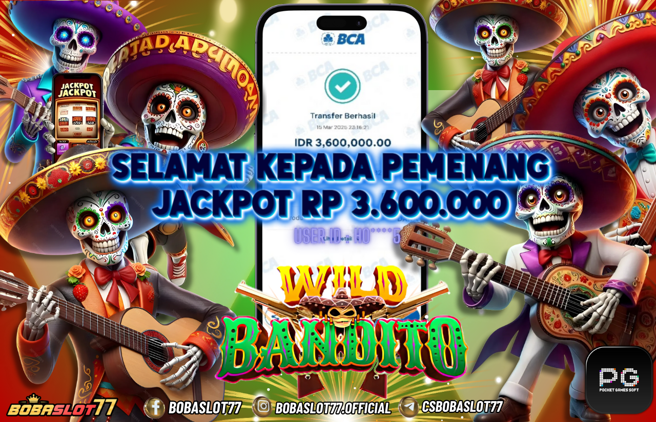 Selamat kepada id : Ho****5 Wede Rp 3.600.000 di Game WILD BANDITO PG SOFT Cair Gk Sampe 1 Menit! Menang Mudah di Bobaslot77