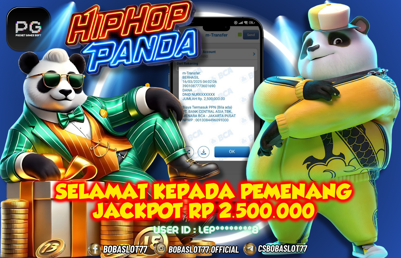 Selamat kepada id : Lep********8 Wede Rp 2.500.000 di Game HIPHOP PANDA PG SOFT Cair Gk Sampe 1 Menit! Menang Mudah di Bobaslot77
