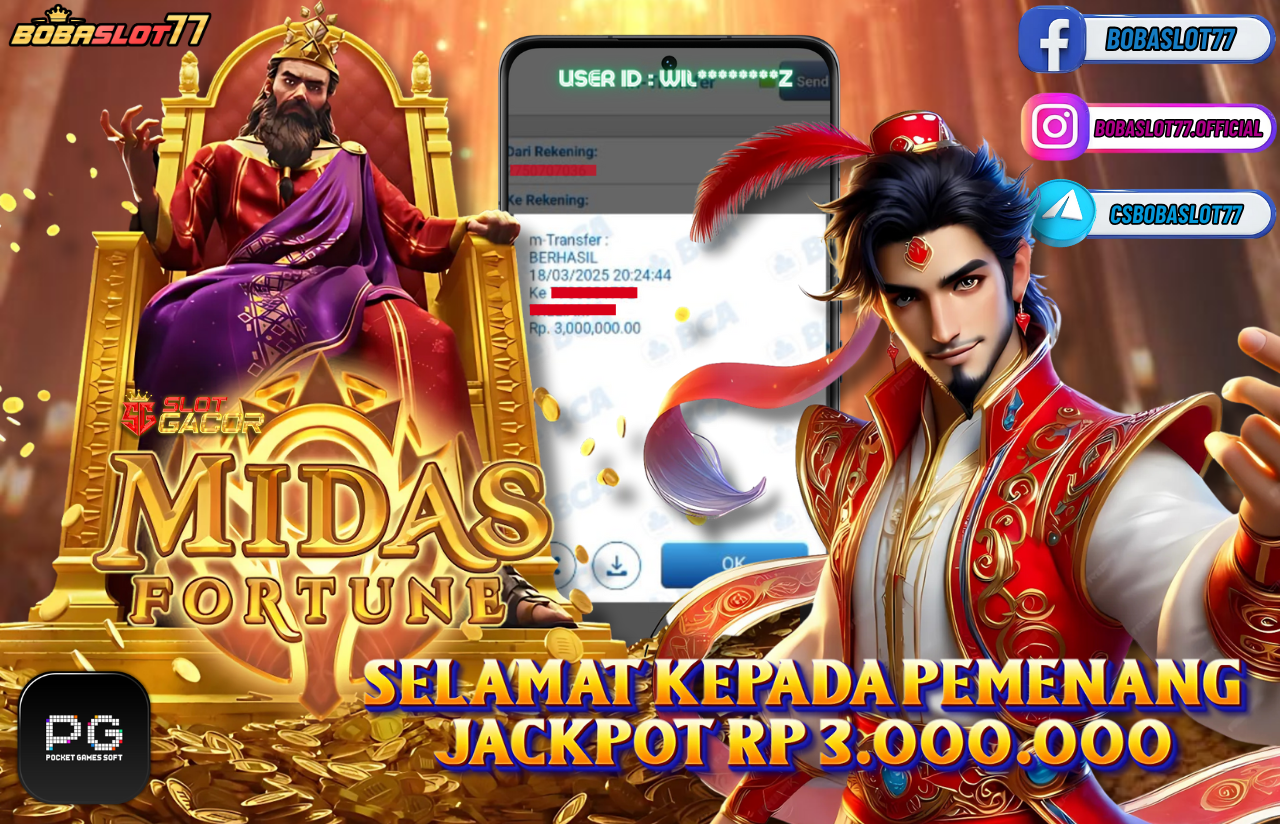 Selamat kepada id : Wil********z Wede Rp 3.000.000 di Game MIDAS FORTUNE PG SOFT Cair Gk Sampe 1 Menit! Menang Mudah di Bobaslot77
