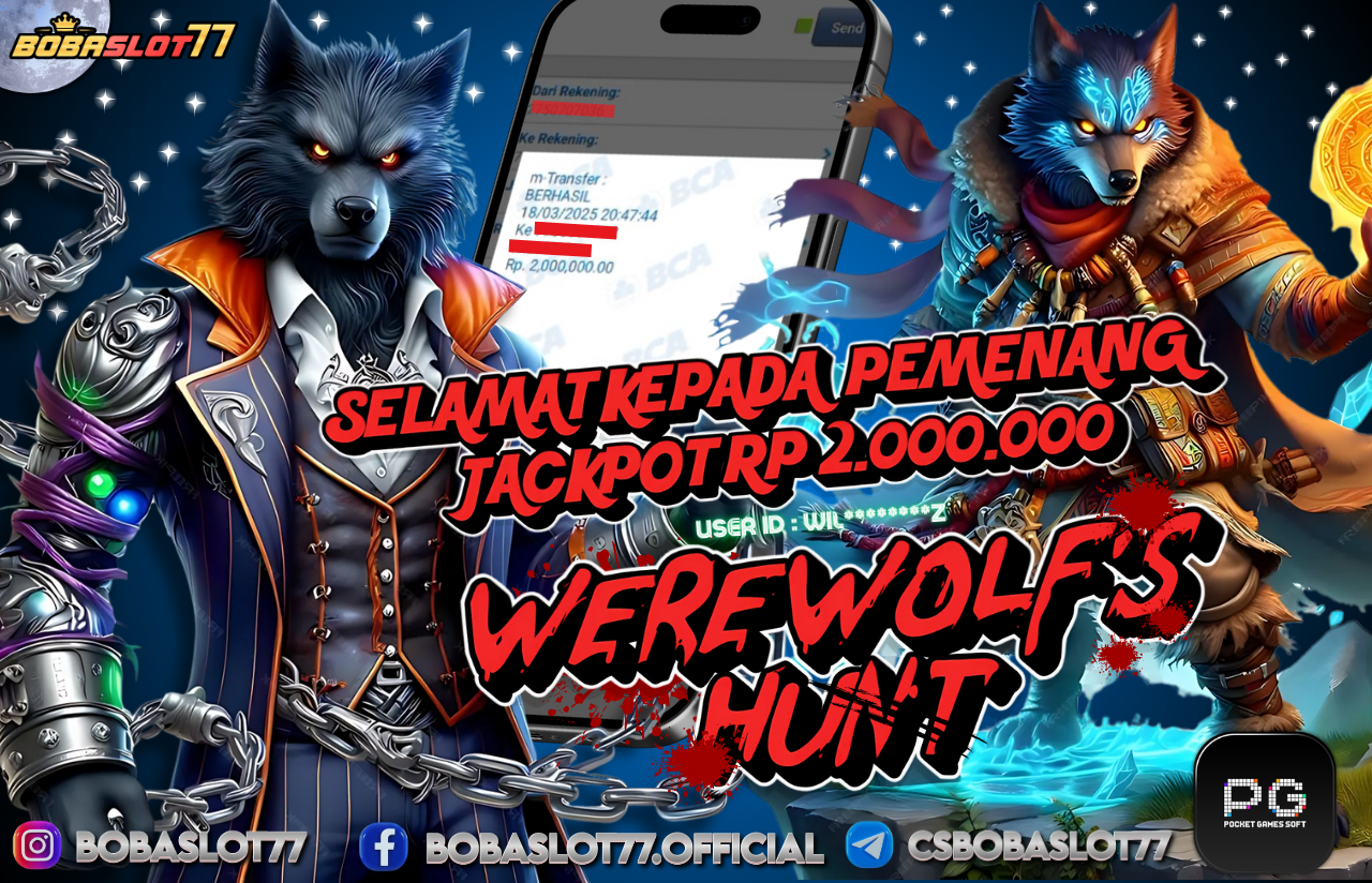 Selamat kepada id : Wil********z Wede Rp 2.000.000 di Game WEREWOLF'S HUNT PG SOFT Cair Gk Sampe 1 Menit! Menang Mudah di Bobaslot77