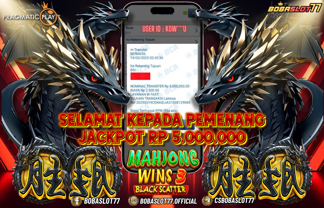 Selamat kepada id : Kow***u Wede Rp 5.000.000 di Game MAHJONG WINS 3 PRAGMATYIC PLAY Cair Gk Sampe 1 Menit! Menang Mudah di Bobaslot77