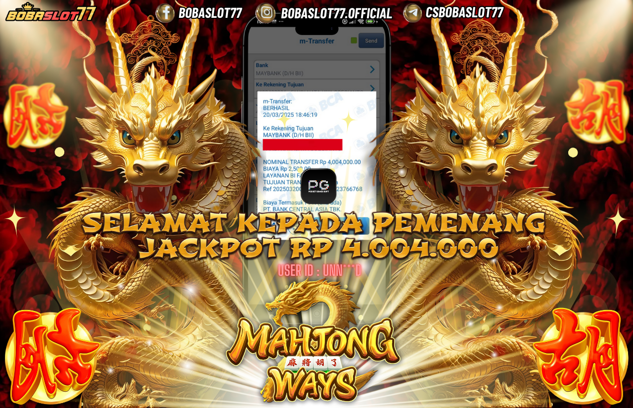 Selamat kepada id : Unn***d  Wede Rp 4.004.000 di Game MAHJONG WAYS PG SOFT Cair Gk Sampe 1 Menit! Menang Mudah di Bobaslot77