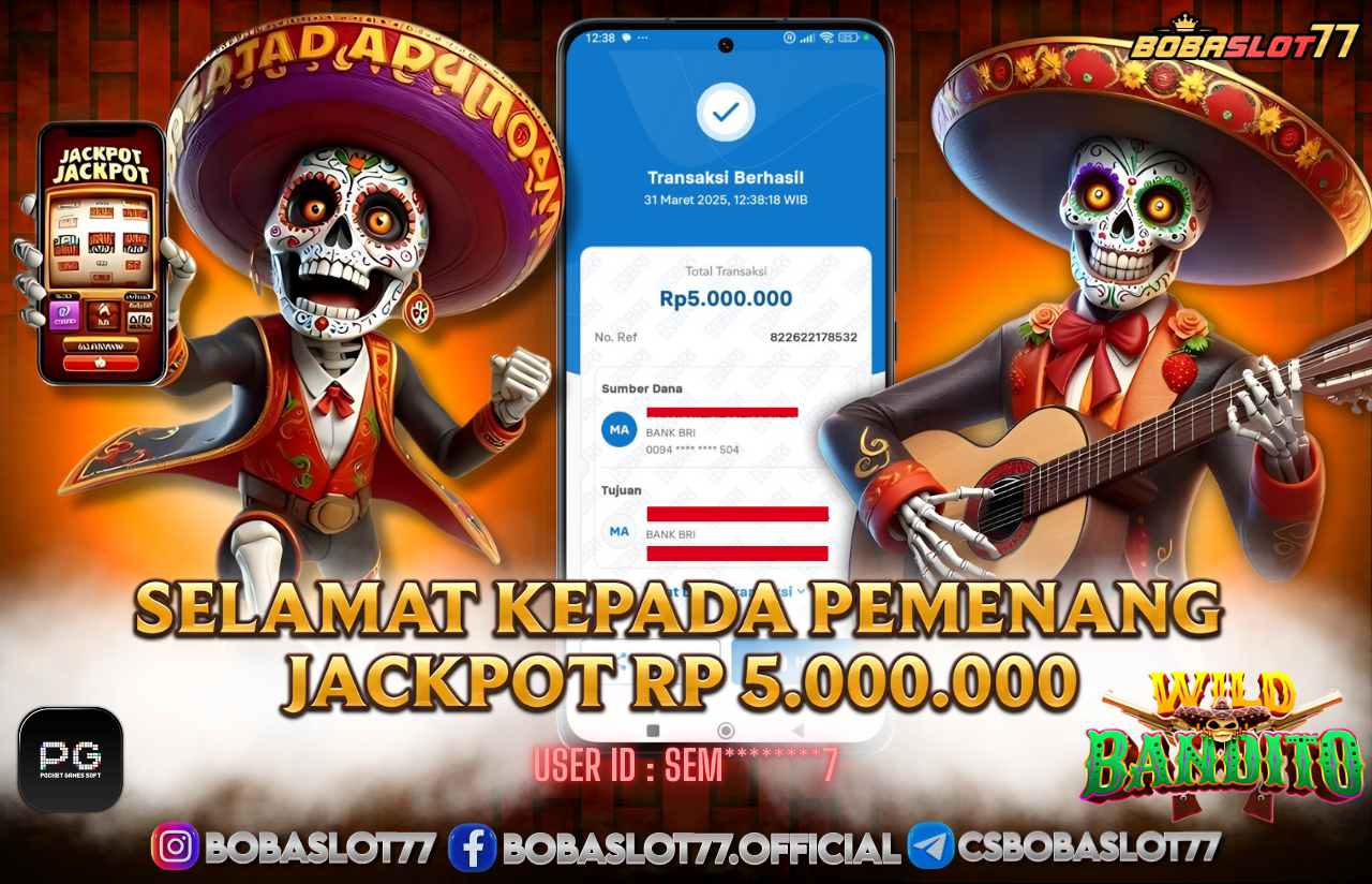Selamat kepada id : Sem********7 Wede Rp 5.000.000 di Game WILD BANDITO 
