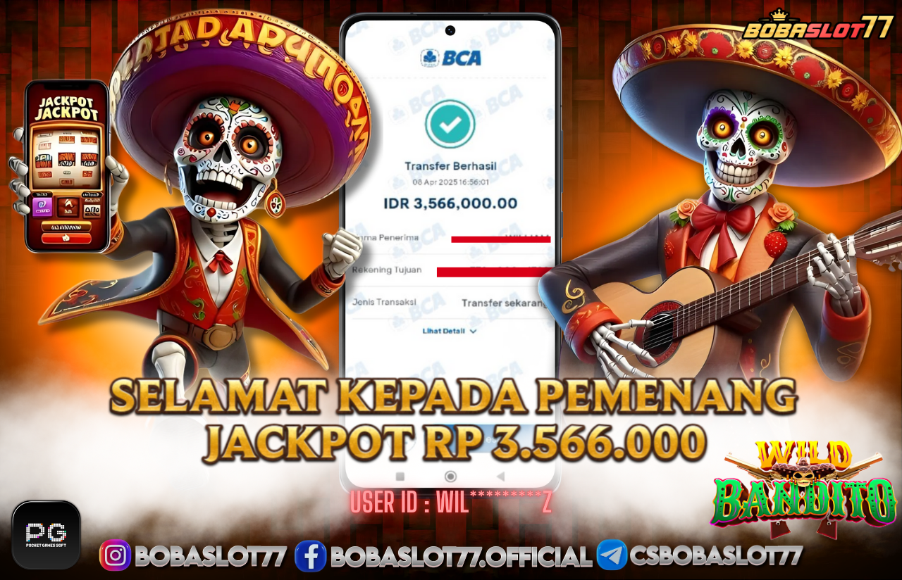 Selamat kepada user id : Wil*********z  Wede Rp 3.566.000 di Game WILD BANDITO PG SOFT Cair Gk Sampe 1 Menit! Menang Mudah di Bobaslot77	