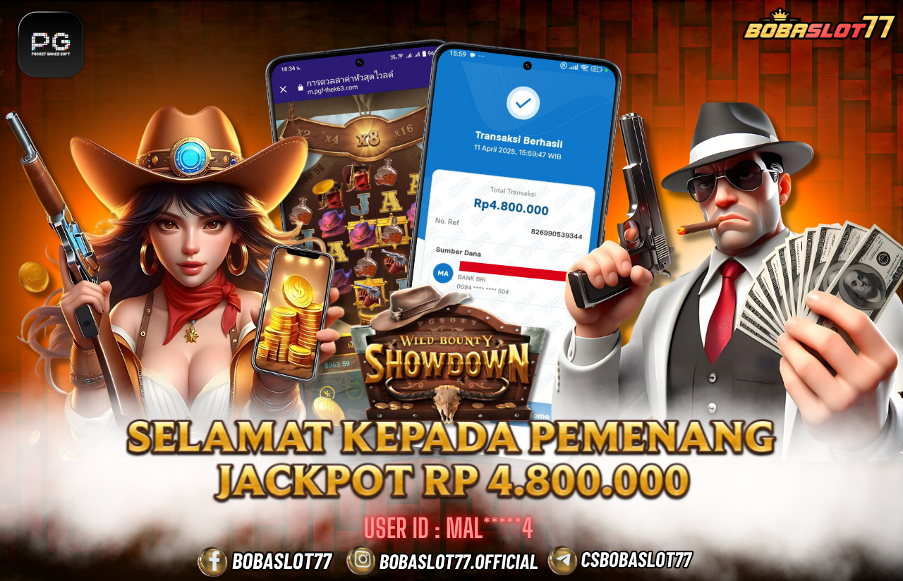 Selamat kepada user id : Mal*****4 Wede Rp 4.800.000 di Game WILD BOUNTY SHOWDOWN PG SOFT Cair Gk Sampe 1 Menit! Menang Mudah di Bobaslot77	