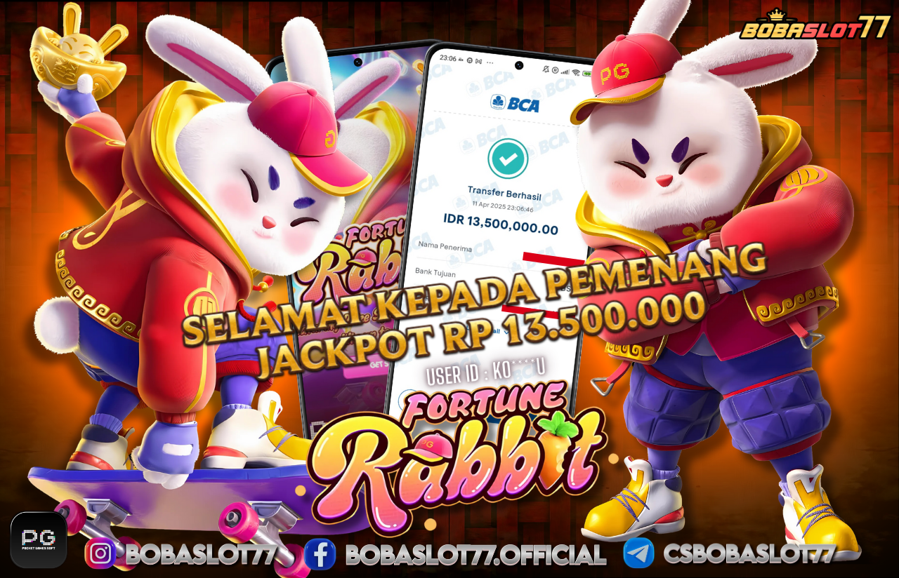 Selamat kepada user id : Ko****u Wede Rp 13.500.000 di Game FORTUNE RABBIT PG SOFT Cair Gk Sampe 1 Menit! Menang Mudah di Bobaslot77	
