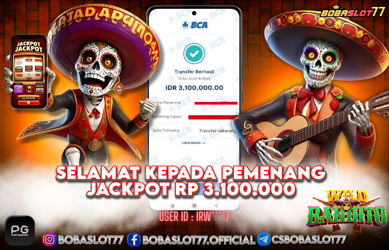 Selamat kepada user id : Irw****7 Wede Rp 3.100.000 di Game WILD BANDITO PG SOFT Cair Gk Sampe 1 Menit! Menang Mudah di Bobaslot77	