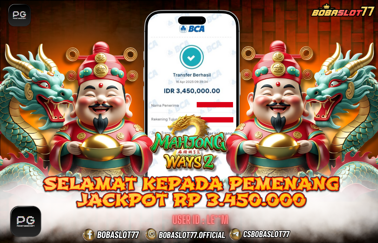 Selamat kepada user id : LE**M Wede Rp 3.450.000 di Game MAHJONG WAYS 2 PG SOFT Cair Gk Sampe 1 Menit! Menang Mudah di Bobaslot77	