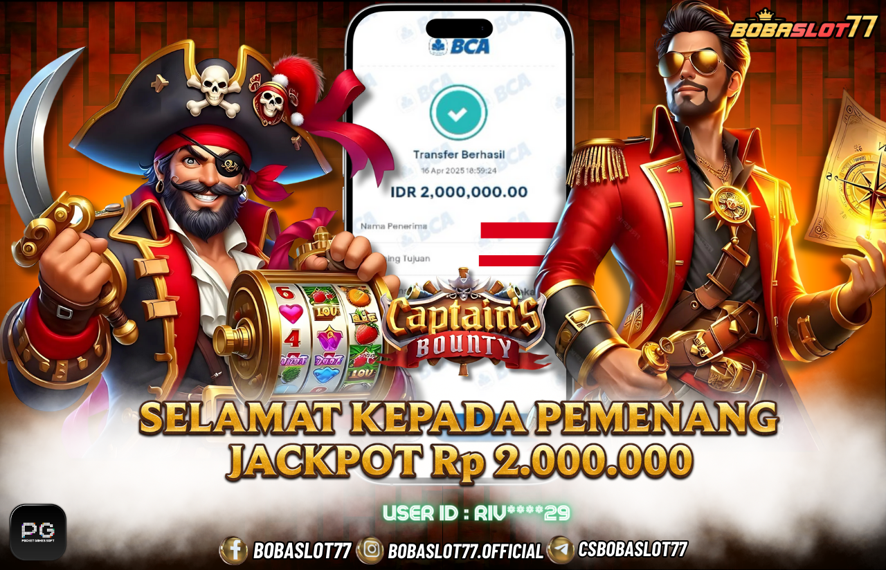 Selamat kepada user id : Riv****29 Wede Rp 2.000.000 di Game CAPTAINS BOUNTY PG SOFT Cair Gk Sampe 1 Menit! Menang Mudah di Bobaslot77