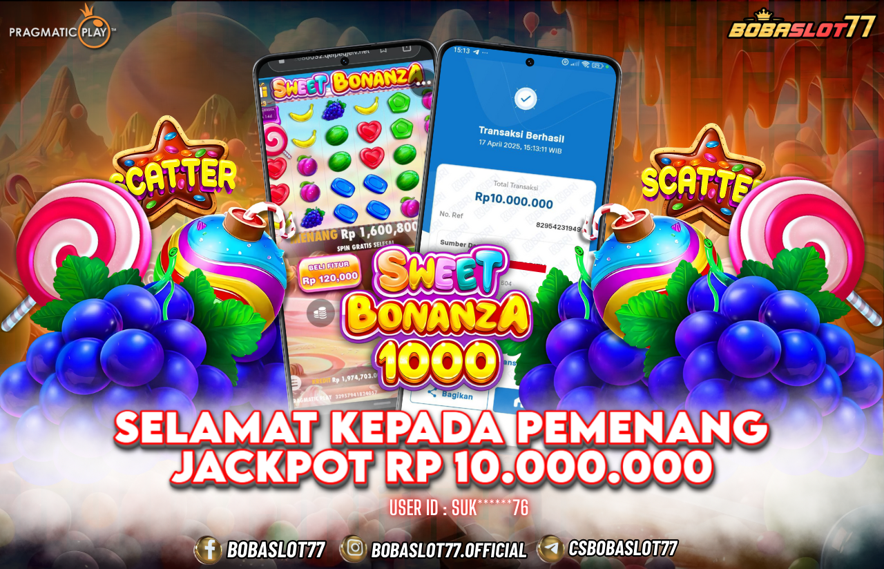 Selamat kepada user id : Suk******76  Wede Rp 10.000.000 di Game SWEET BONANZA 1000 PRAGMATIC PLAY Cair Gk Sampe 1 Menit! Menang Mudah di Bobaslot77	