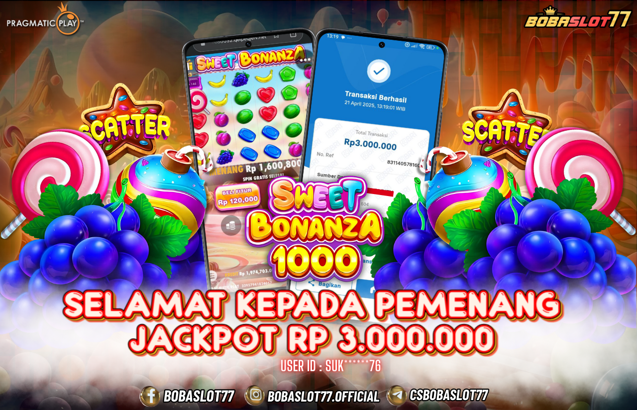 Selamat kepada user id : Suk******76 Wede Rp 3.000.000 di Game SWEET BONANZA 1000 PRAGMATIC PLAY Cair Gk Sampe 1 Menit! Menang Mudah di Bobaslot77	