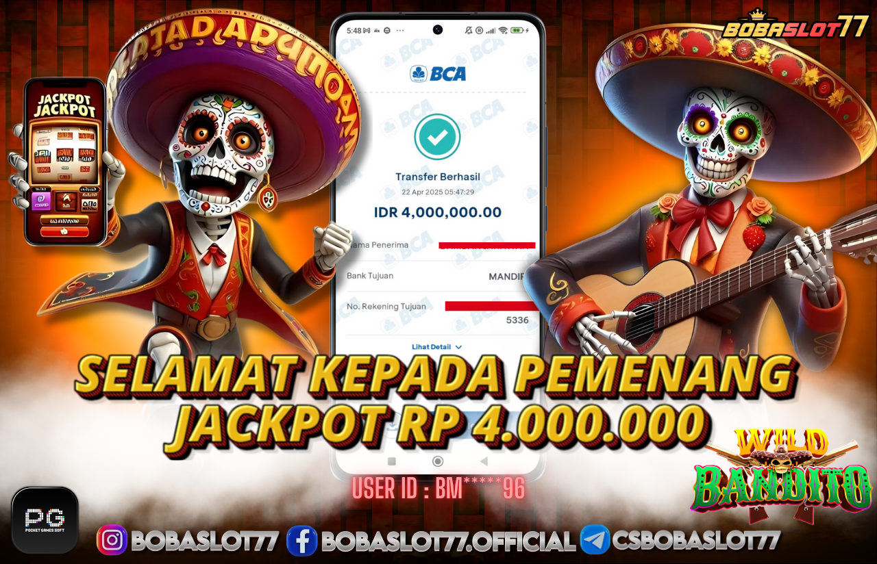 Selamat kepada user id : bm*****96 Wede Rp 4.000.000 di Game WILD BANDITO PG SOFT Cair Gk Sampe 1 Menit! Menang Mudah di Bobaslot77	