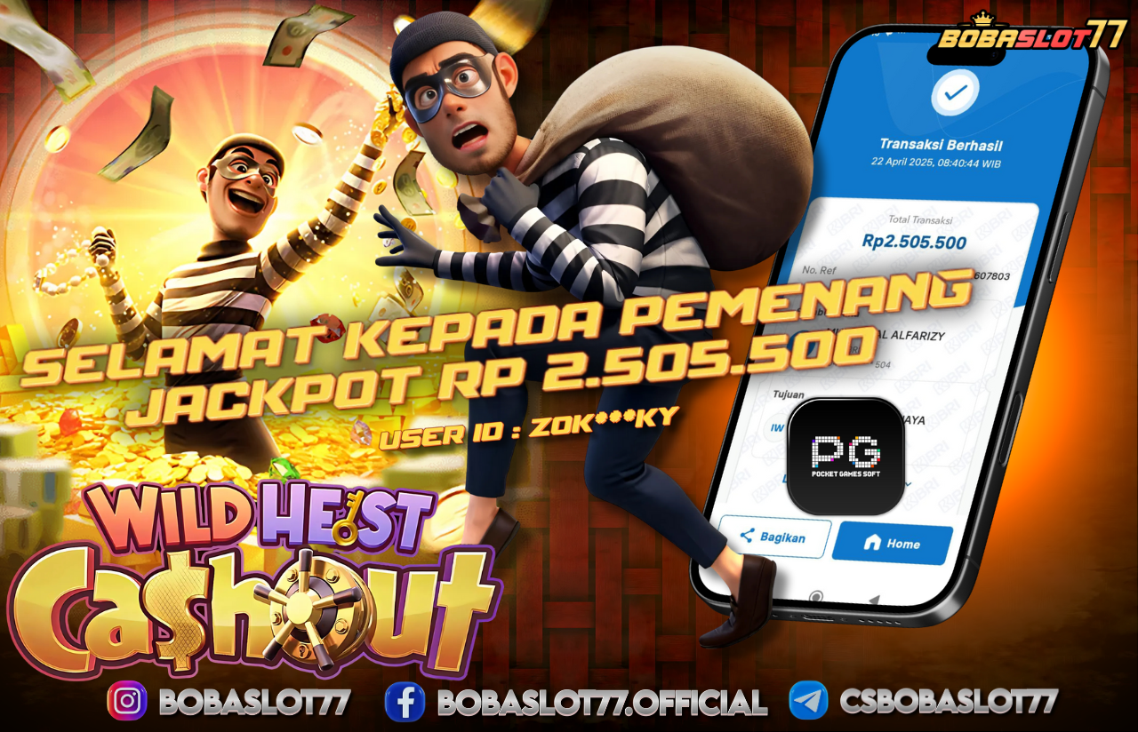 Selamat kepada user id : Zok***ky Wede Rp 2.505.500 di Game wild heist cashout PG SOFT Cair Gk Sampe 1 Menit! Menang Mudah di Bobaslot77