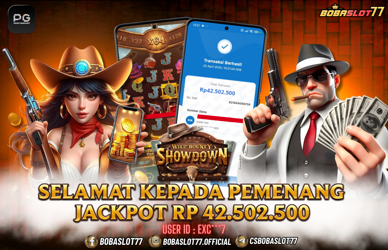 Selamat kepada user id : Kow***u Wede Rp 42.502.500 di Game WILD BOUNTY SHOWDOWN PG SOFT Cair Gk Sampe 1 Menit! Menang Mudah di Bobaslot77	