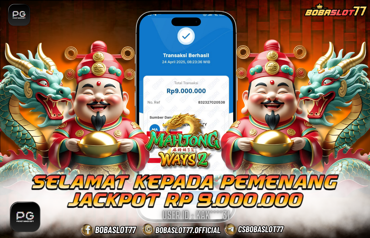Selamat kepada user id : Kak****31 Wede Rp 9.000.000 di Game MAHJONG WAYS 2 PG SOFT Cair Gk Sampe 1 Menit! Menang Mudah di Bobaslot77	