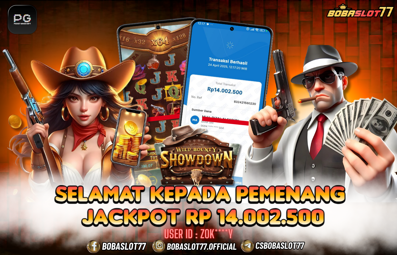 Selamat kepada user id : Zok****y Wede Rp 14.002.500 di Game WILD BOUNTY SHOWDOWN PG SOFT Cair Gk Sampe 1 Menit! Menang Mudah di Bobaslot77	