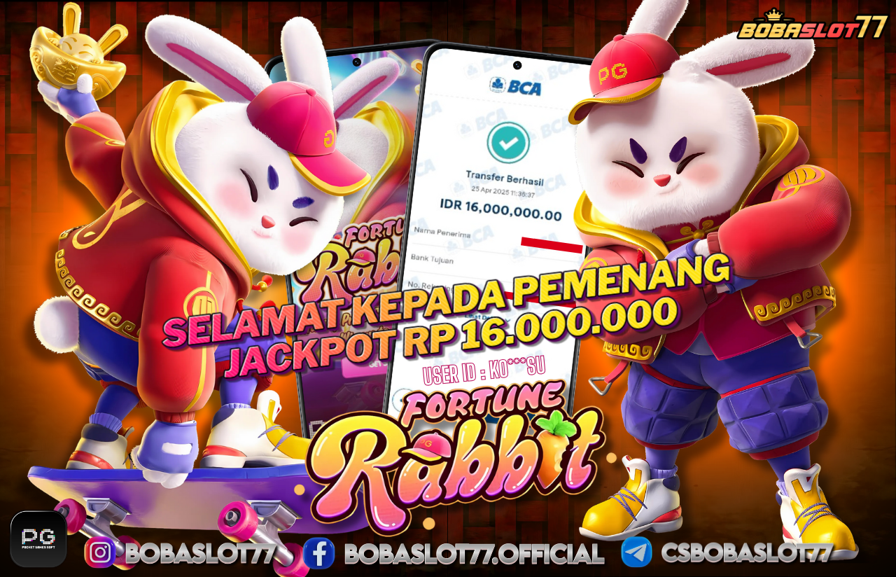 Selamat kepada user id : Kow***u Wede Rp 16.000.000 di Game FORTUNE RABBIT PG SOFT Cair Gk Sampe 1 Menit! Menang Mudah di Bobaslot77	