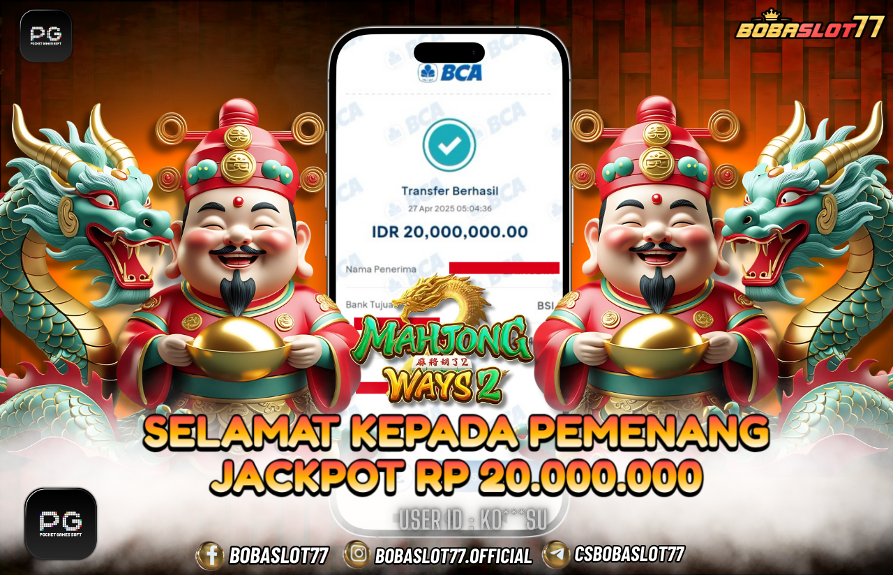 Selamat kepada user id : Ko***su Wede Rp 20.000.000 di Game MAHJONG WAYS2 PG SOFT Cair Gk Sampe 1 Menit! Menang Mudah di Bobaslot77	