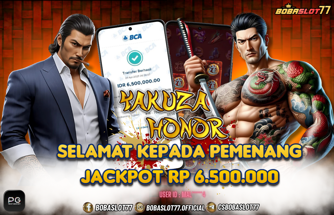 Selamat kepada user id : Mal*****4  Wede Rp 6.500.000 di Game YAKUZA HONOR PG SOFT Cair Gk Sampe 1 Menit! Menang Mudah di Bobaslot77	